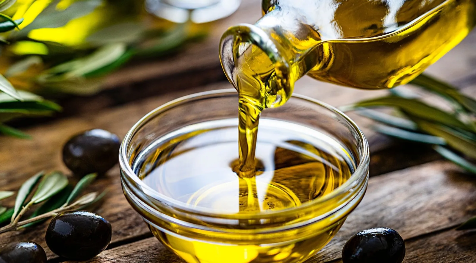 Olive oil poured from a bottle into a glass bowl on weathered wood beside black olives