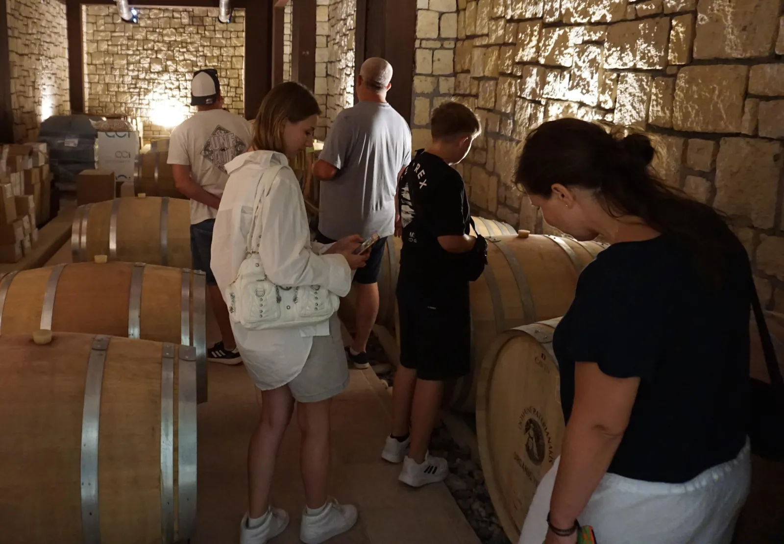 The group among the barrels in the stone-vaulted cellar