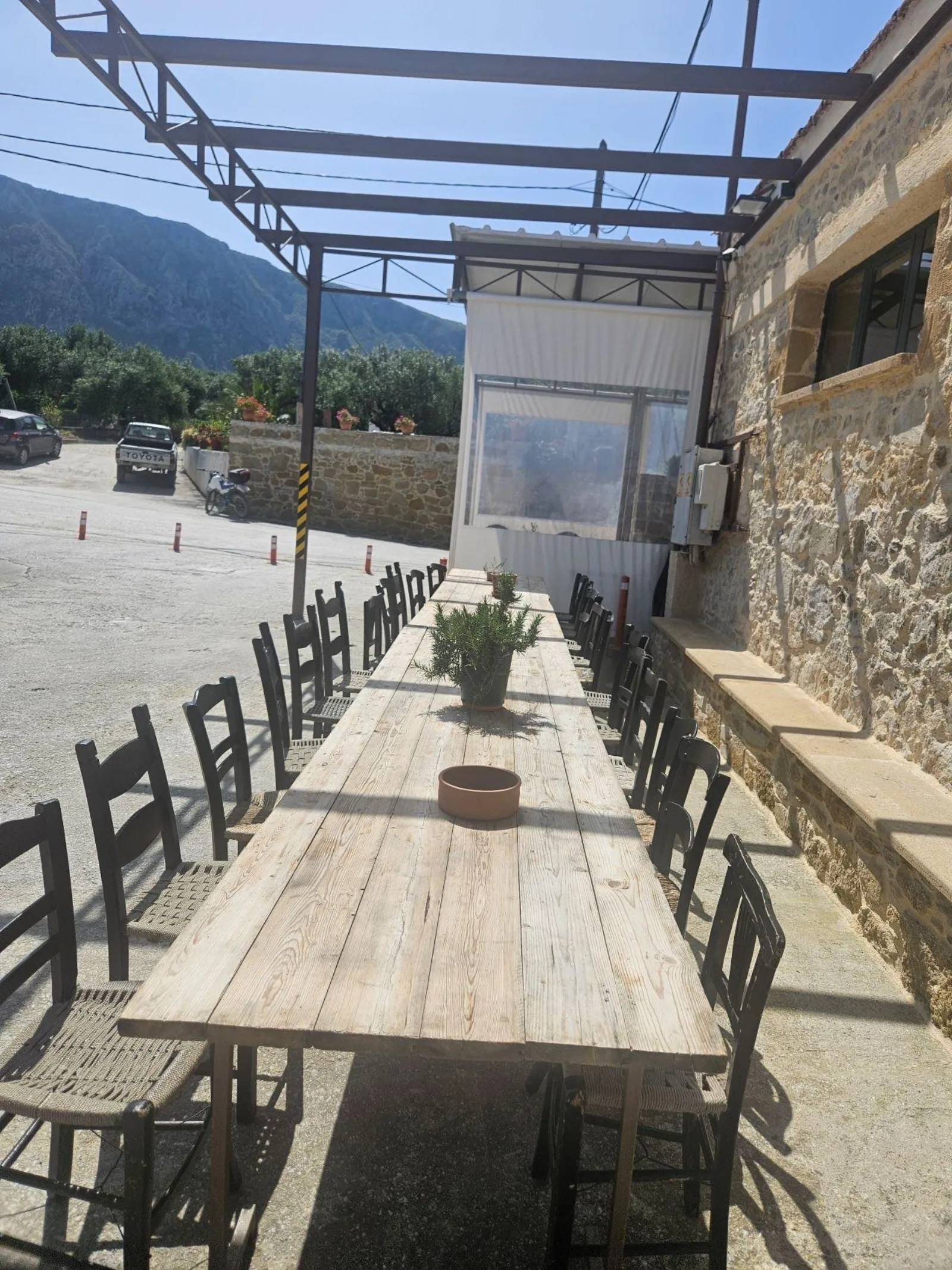 Long table set under a pergola for the tasting stop