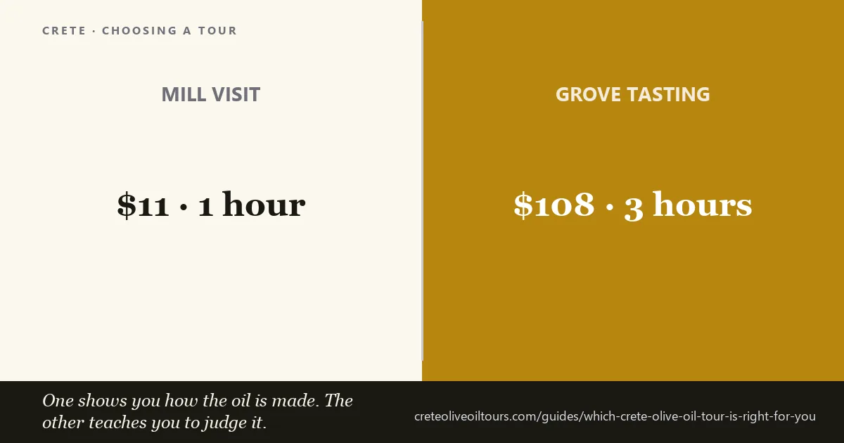 Comparison of Crete olive oil tours by region, price and how much of the day is about oil